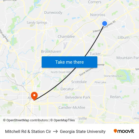 Mitchell Rd & Station Cir to Georgia State University map