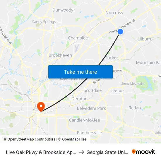 Live Oak Pkwy & Brookside Apartments to Georgia State University map