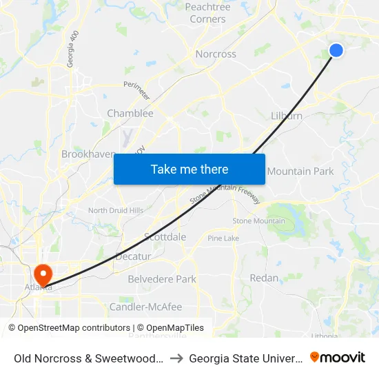 Old Norcross & Sweetwoods Dr to Georgia State University map