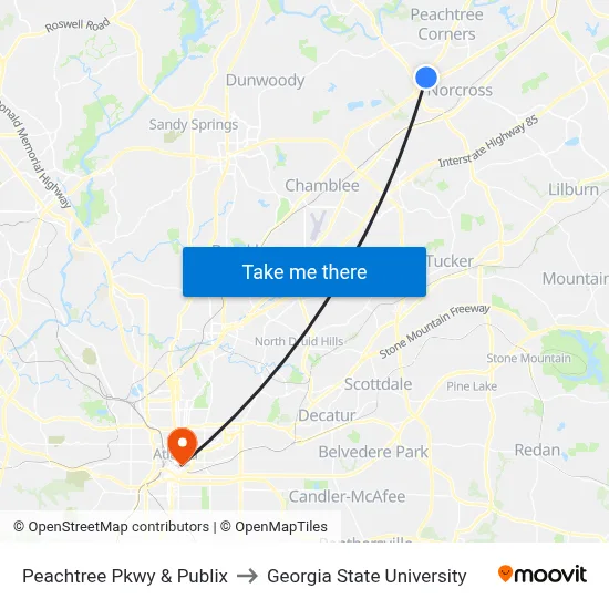 Peachtree Pkwy & Publix to Georgia State University map