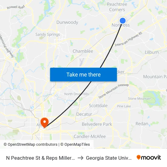 N Peachtree St & Reps Miller Road to Georgia State University map