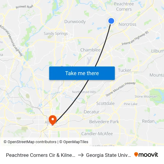 Peachtree Corners Cir & Kilnect Ct Ib to Georgia State University map