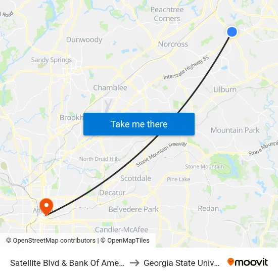 Satellite Blvd & Bank Of America Ib to Georgia State University map