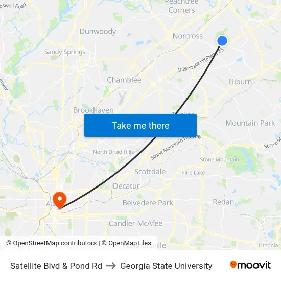 Satellite Blvd & Pond Rd to Georgia State University map