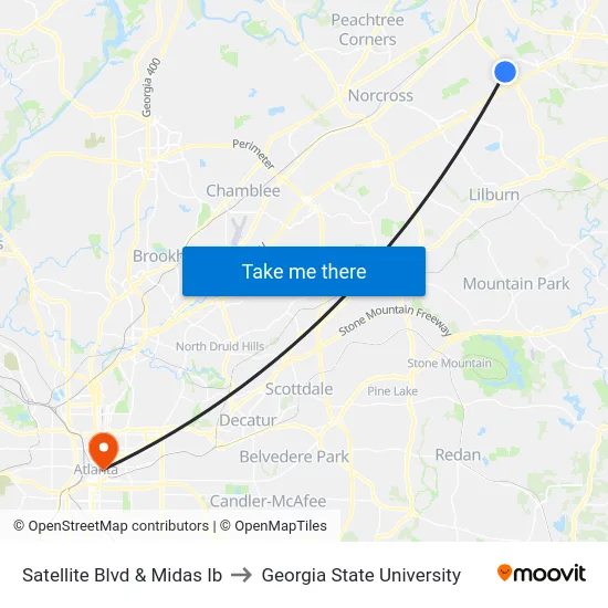Satellite Blvd & Midas Ib to Georgia State University map