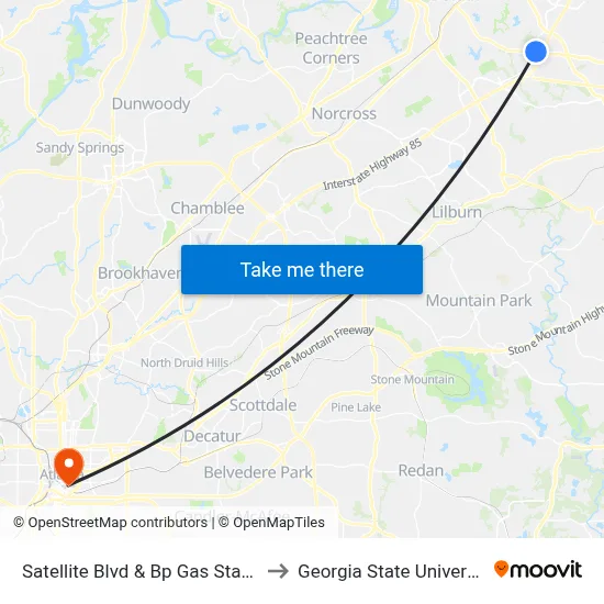 Satellite Blvd & Bp Gas Station to Georgia State University map