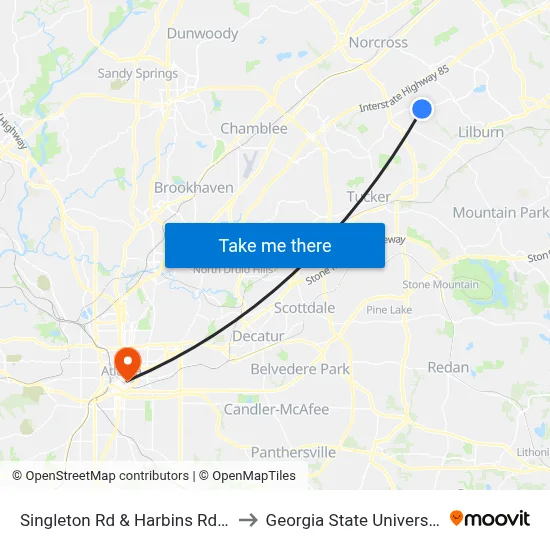 Singleton Rd & Harbins Rd Ib to Georgia State University map