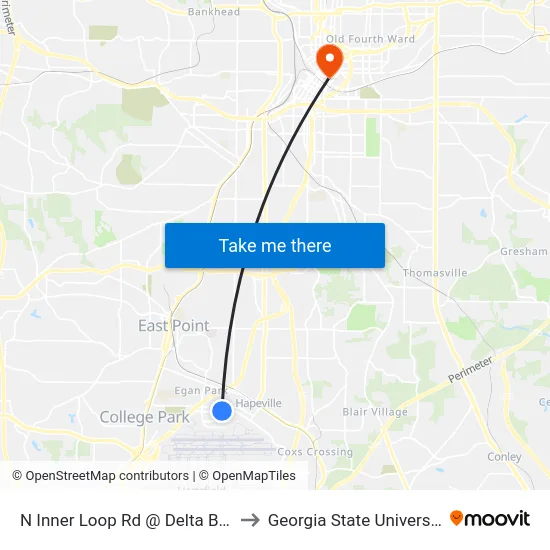 N Inner Loop Rd @ Delta Blvd to Georgia State University map