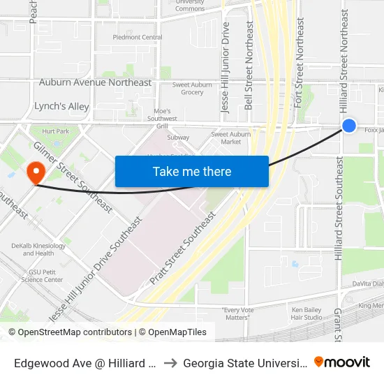 Edgewood Ave @ Hilliard St to Georgia State University map