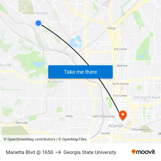 Marietta Blvd @ 1650 to Georgia State University map
