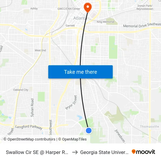 Swallow Cir SE @ Harper Rd SE to Georgia State University map