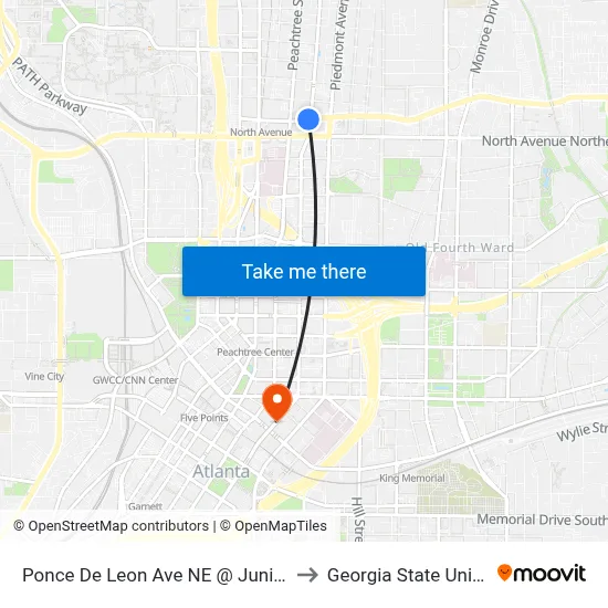 Ponce De Leon Ave NE @ Juniper St NE to Georgia State University map