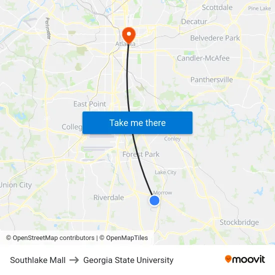 Southlake Mall to Georgia State University map