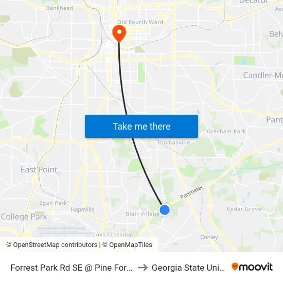 Forrest Park Rd SE @ Pine Forest Dr SE to Georgia State University map