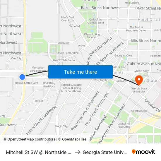 Mitchell St SW @ Northside Dr SW to Georgia State University map