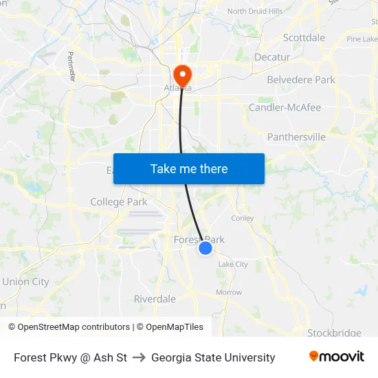 Forest Pkwy @ Ash St to Georgia State University map