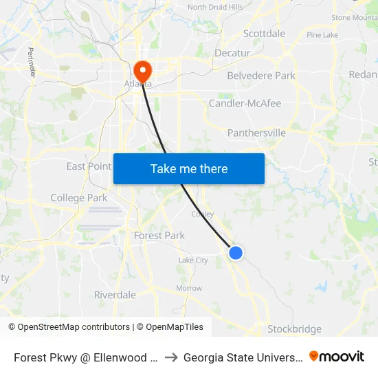 Forest Pkwy @ Ellenwood Rd to Georgia State University map