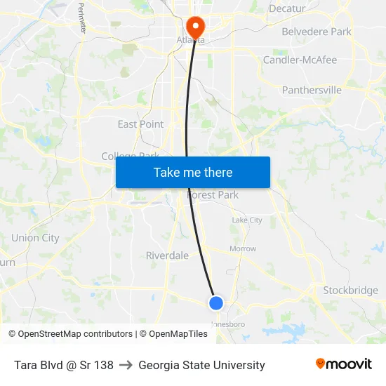 Tara Blvd @ Sr 138 to Georgia State University map