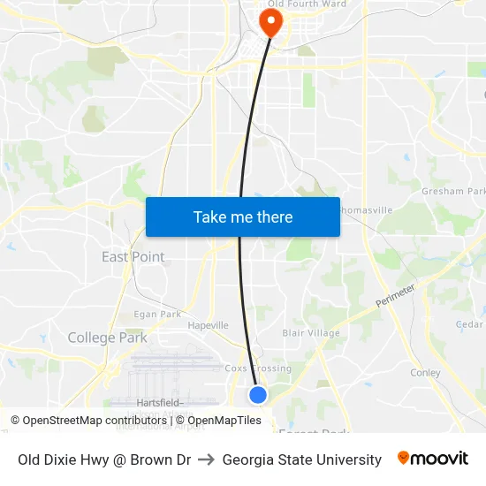Old Dixie Hwy @ Brown Dr to Georgia State University map
