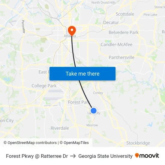 Forest Pkwy @ Ratterree Dr to Georgia State University map