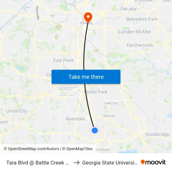 Tara Blvd @ Battle Creek Rd to Georgia State University map