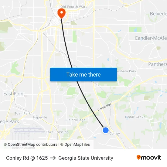 Conley Rd @ 1625 to Georgia State University map