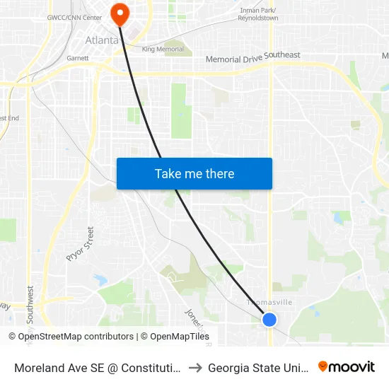 Moreland Ave SE @ Constitution Rd SE to Georgia State University map