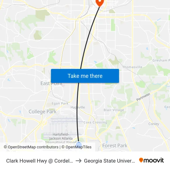 Clark Howell Hwy @ Cordell Dr to Georgia State University map