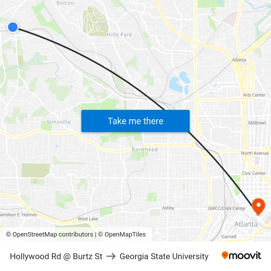 Hollywood Rd @ Burtz St to Georgia State University map