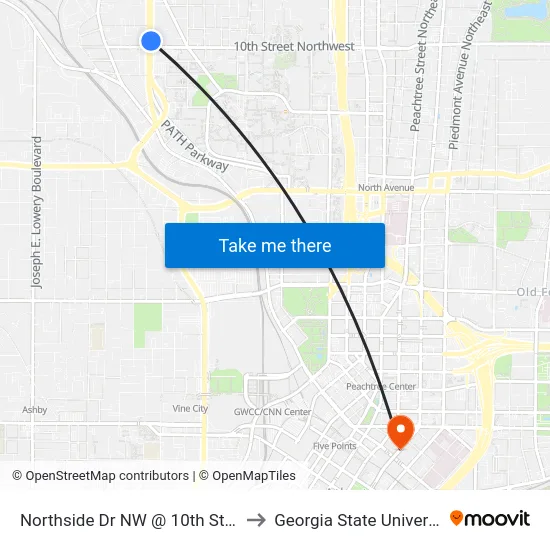 Northside Dr NW @ 10th St NW to Georgia State University map