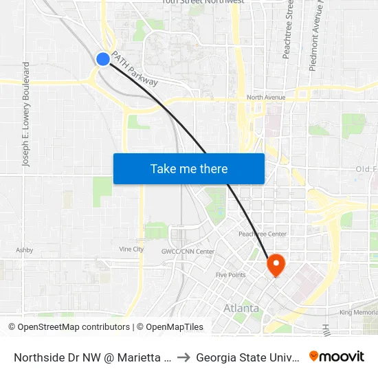 Northside Dr NW @ Marietta St NW to Georgia State University map