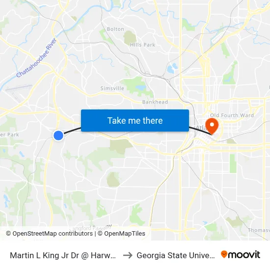 Martin L King Jr Dr @ Harwell Rd to Georgia State University map