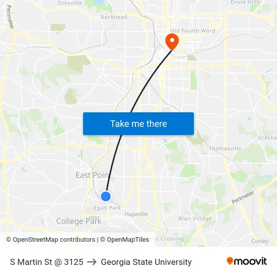 S Martin St @ 3125 to Georgia State University map
