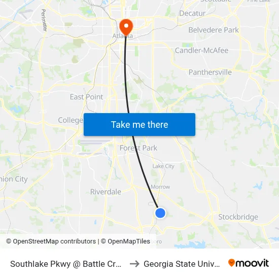 Southlake Pkwy @ Battle Creek Rd to Georgia State University map