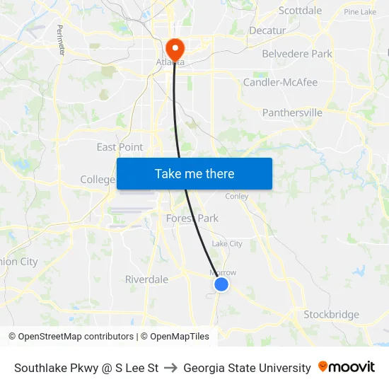 Southlake Pkwy @ S Lee St to Georgia State University map