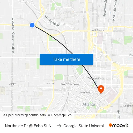 Northside Dr @ Echo St NW to Georgia State University map