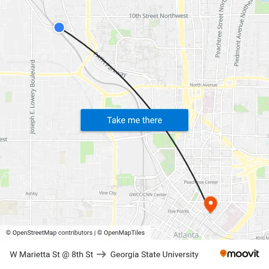 W Marietta St @ 8th St to Georgia State University map