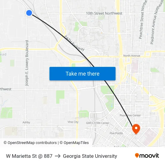 W Marietta St @ 887 to Georgia State University map