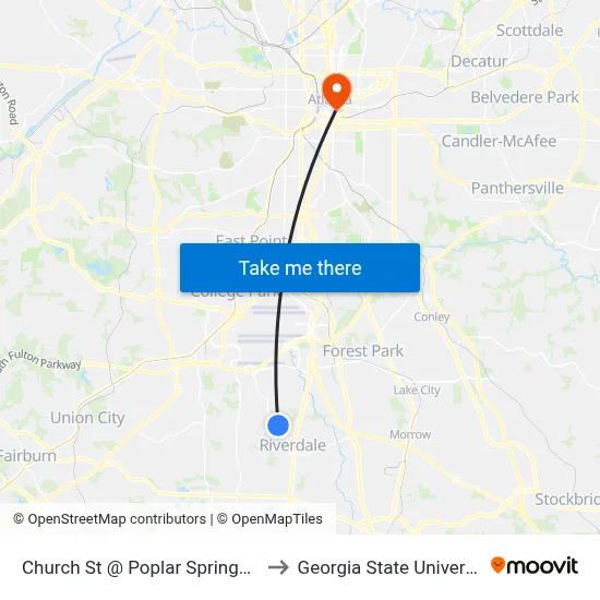 Church St @ Poplar Springs Rd to Georgia State University map