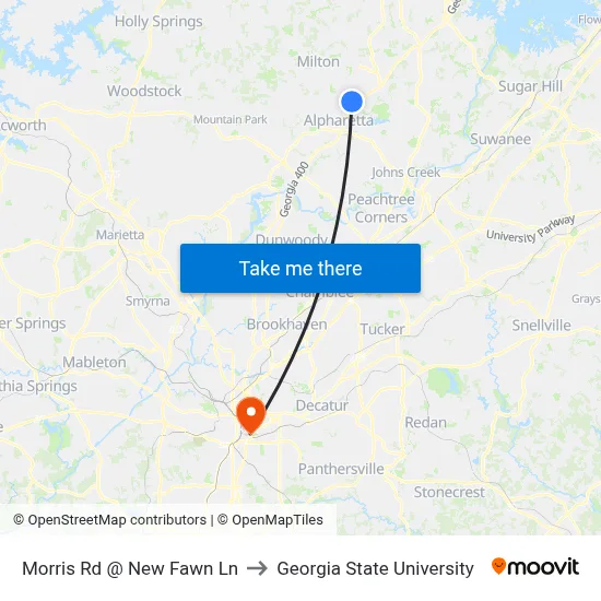 Morris Rd @ New Fawn Ln to Georgia State University map