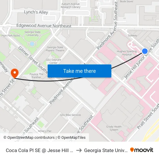 Coca Cola Pl SE @ Jesse Hill Jr Dr SE to Georgia State University map
