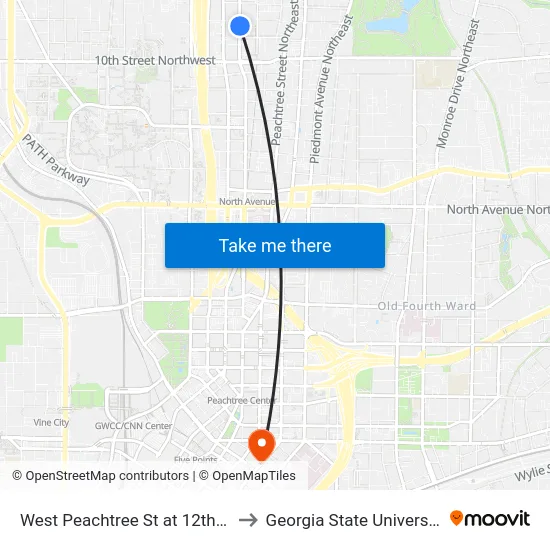 West Peachtree St at 12th St to Georgia State University map