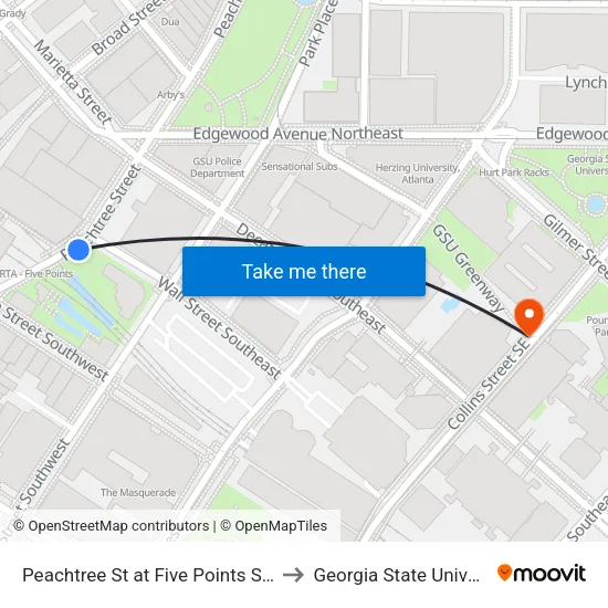 Peachtree St at Five Points Station to Georgia State University map