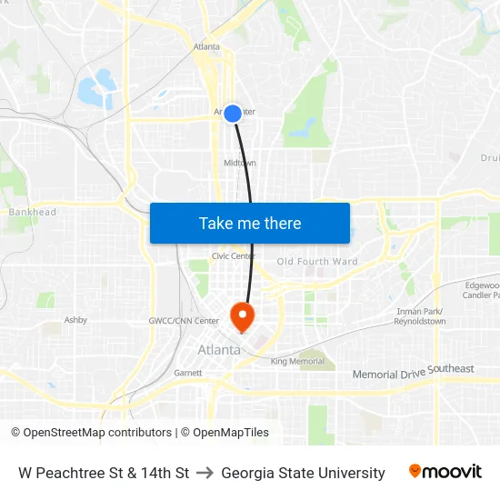 W Peachtree St & 14th St to Georgia State University map