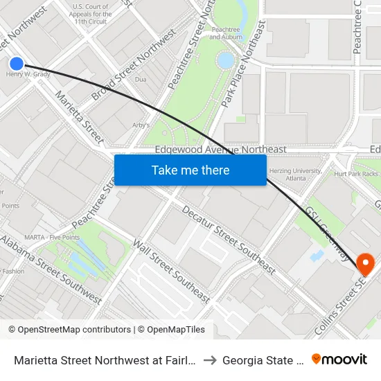 Marietta Street Northwest at Fairlie Street Northwest to Georgia State University map