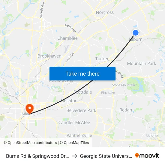 Burns Rd & Springwood Dr Ib to Georgia State University map