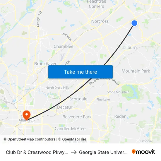 Club Dr & Crestwood Pkwy Ob to Georgia State University map