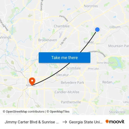 Jimmy Carter Blvd & Sunrise Village Ln to Georgia State University map