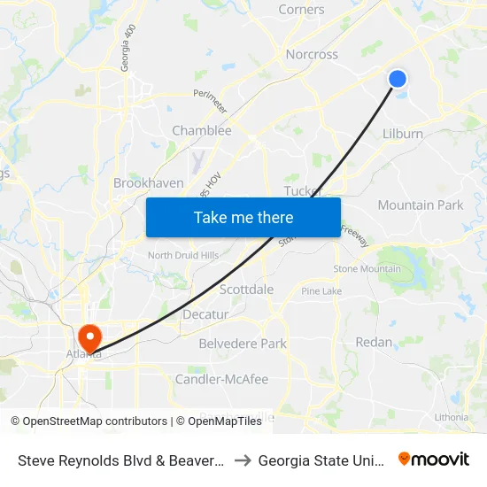 Steve Reynolds Blvd & Beaver Ruin Rd to Georgia State University map