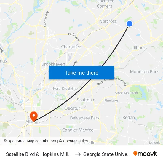 Satellite Blvd & Hopkins Mill Rd Ib to Georgia State University map